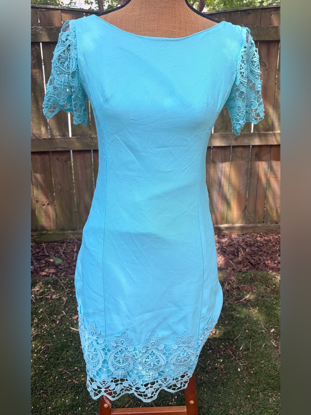 Vintage 90s Sylvia Ann Turquoise Lace Aqua Sheath Cocktail Dress Guipure Lace